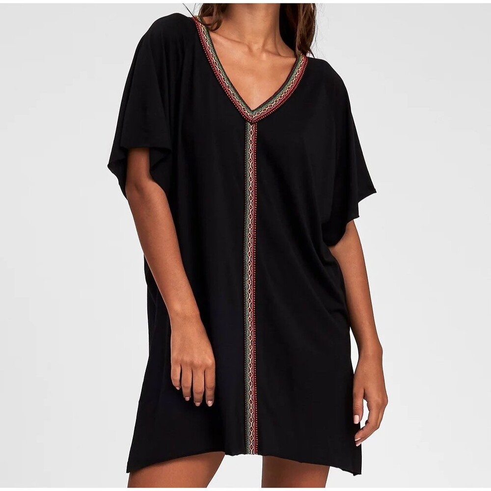 PITUSA Black Abaya Mini Dress Coverup V-Neck Inca Pima Cotton Modal Petite Size